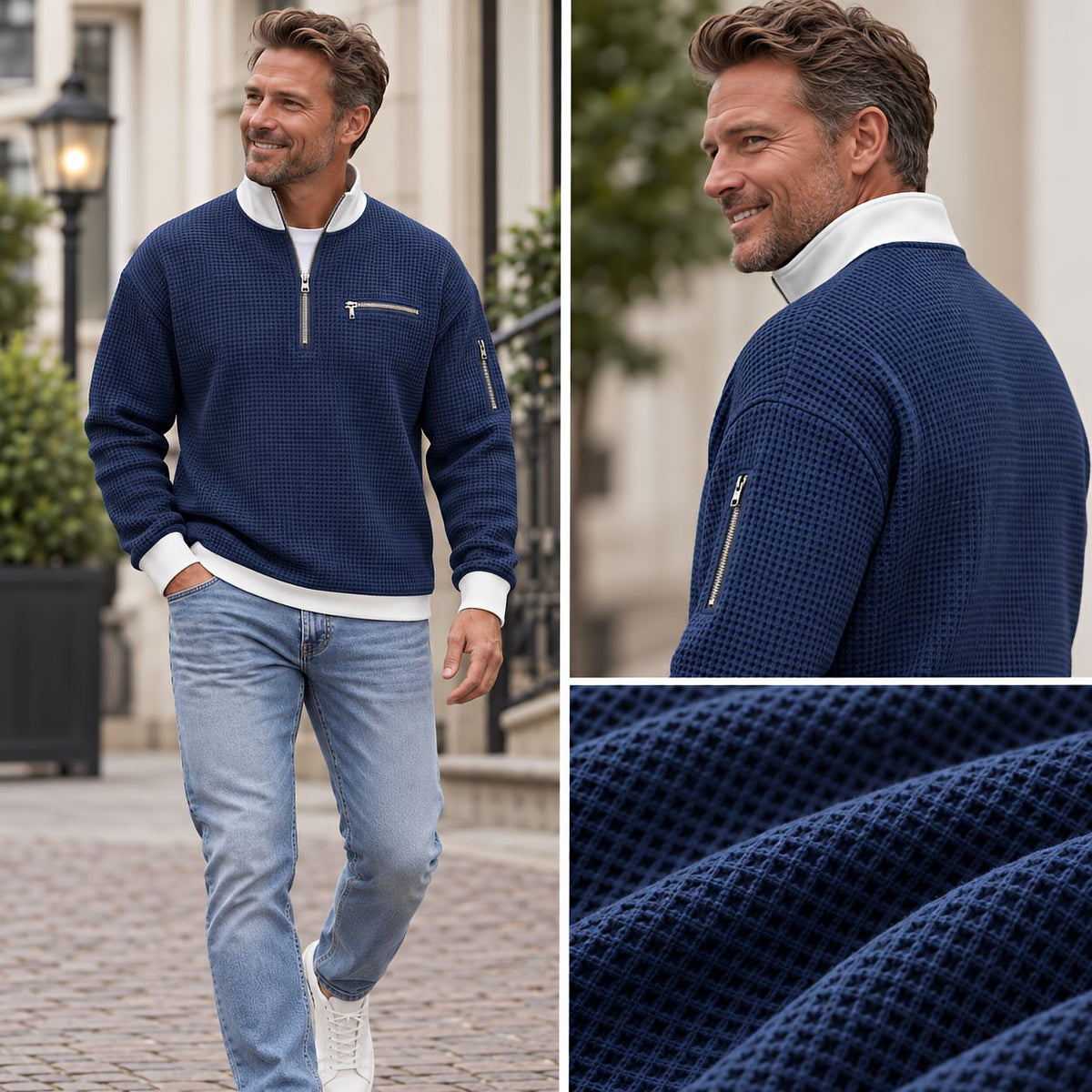 HUGO LAURENT™ | Sweater | Waffle-Knit Sweater with Half-Zip