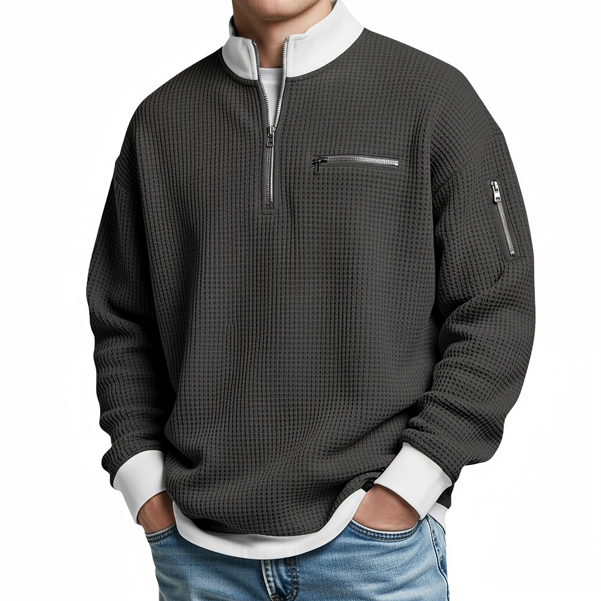 HUGO LAURENT™ | Sweater | Waffle-Knit Sweater with Half-Zip