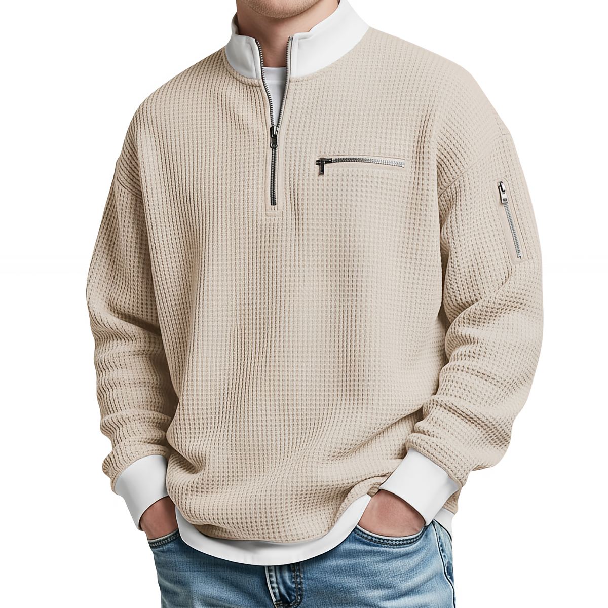 HUGO LAURENT™ | Sweater | Waffle-Knit Sweater with Half-Zip