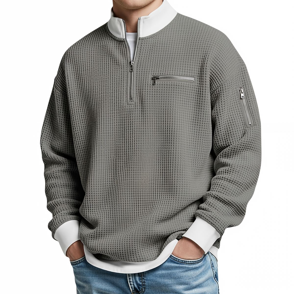 HUGO LAURENT™ | Sweater | Waffle-Knit Sweater with Half-Zip