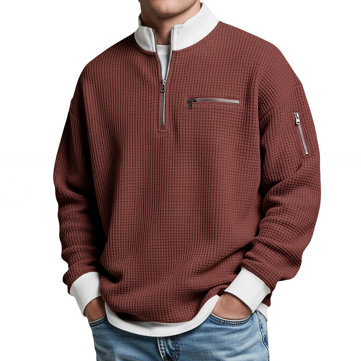 HUGO LAURENT™ | Sweater | Waffle-Knit Sweater with Half-Zip