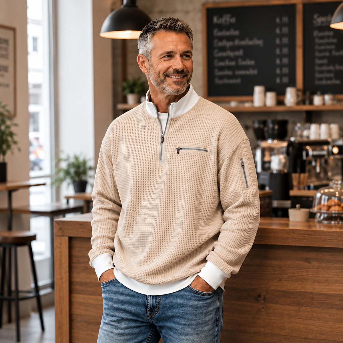 HUGO LAURENT™ | Sweater | Waffle-Knit Sweater with Half-Zip