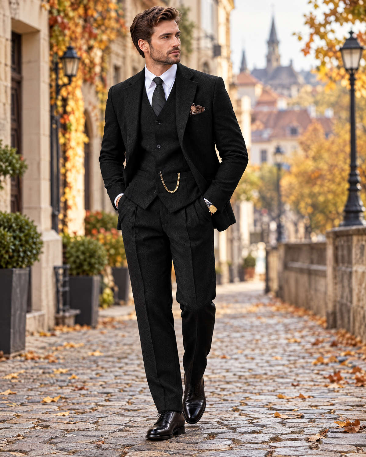 Herringbone three-piece suit Black