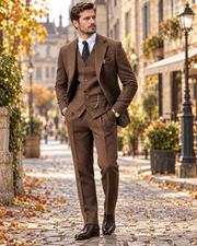 Herringbone three-piece suit Brown