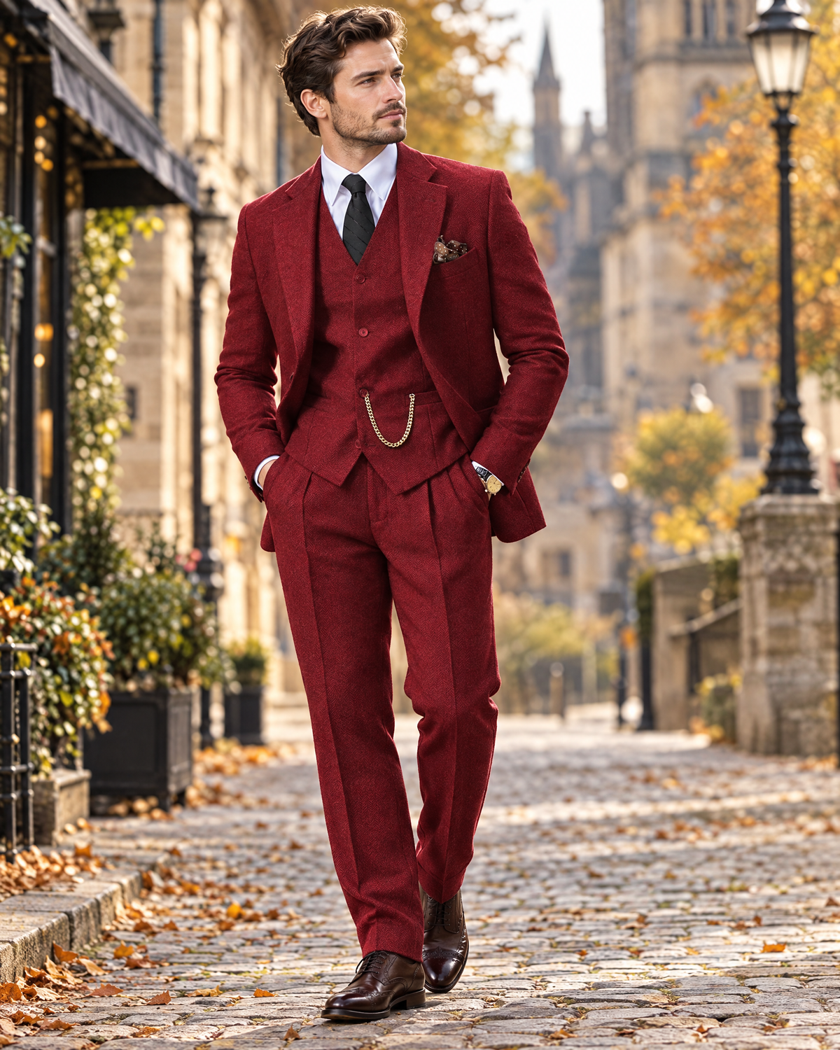 Herringbone three-piece suit Burgundy