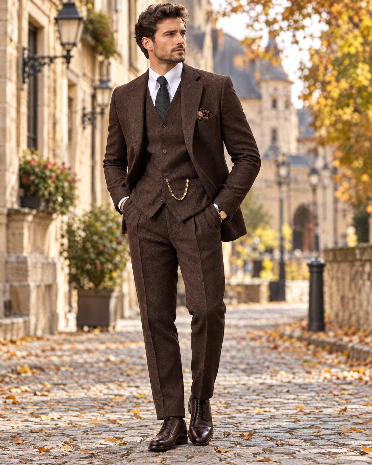 Herringbone three-piece suit Dark Brown