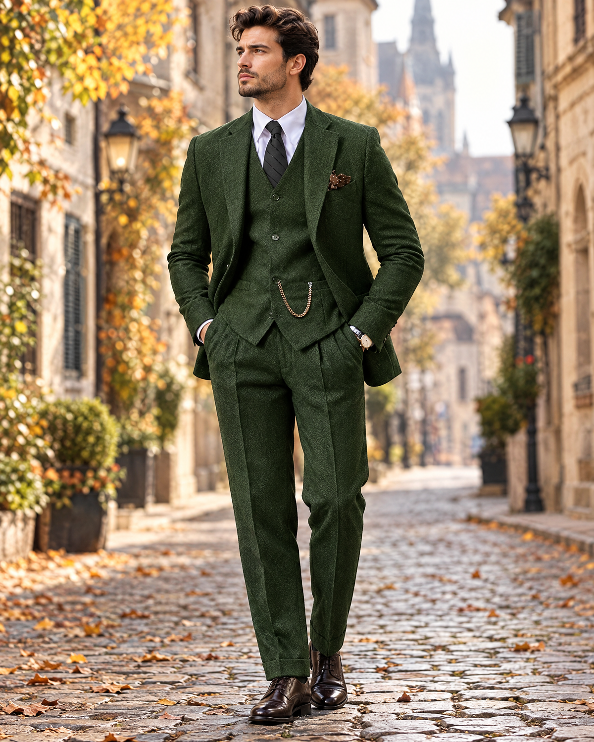 Herringbone three-piece suit Green