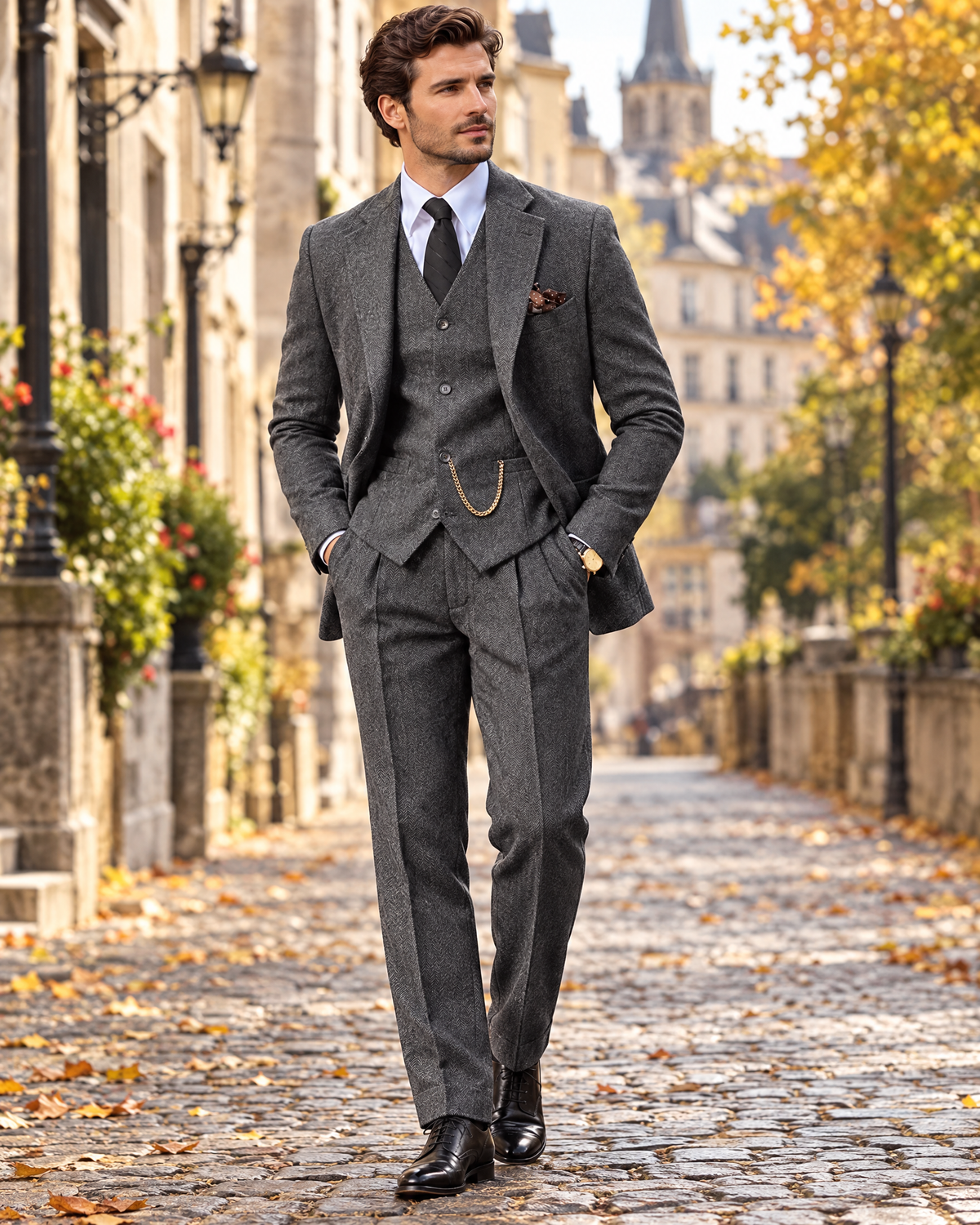 Herringbone three-piece suit Gray