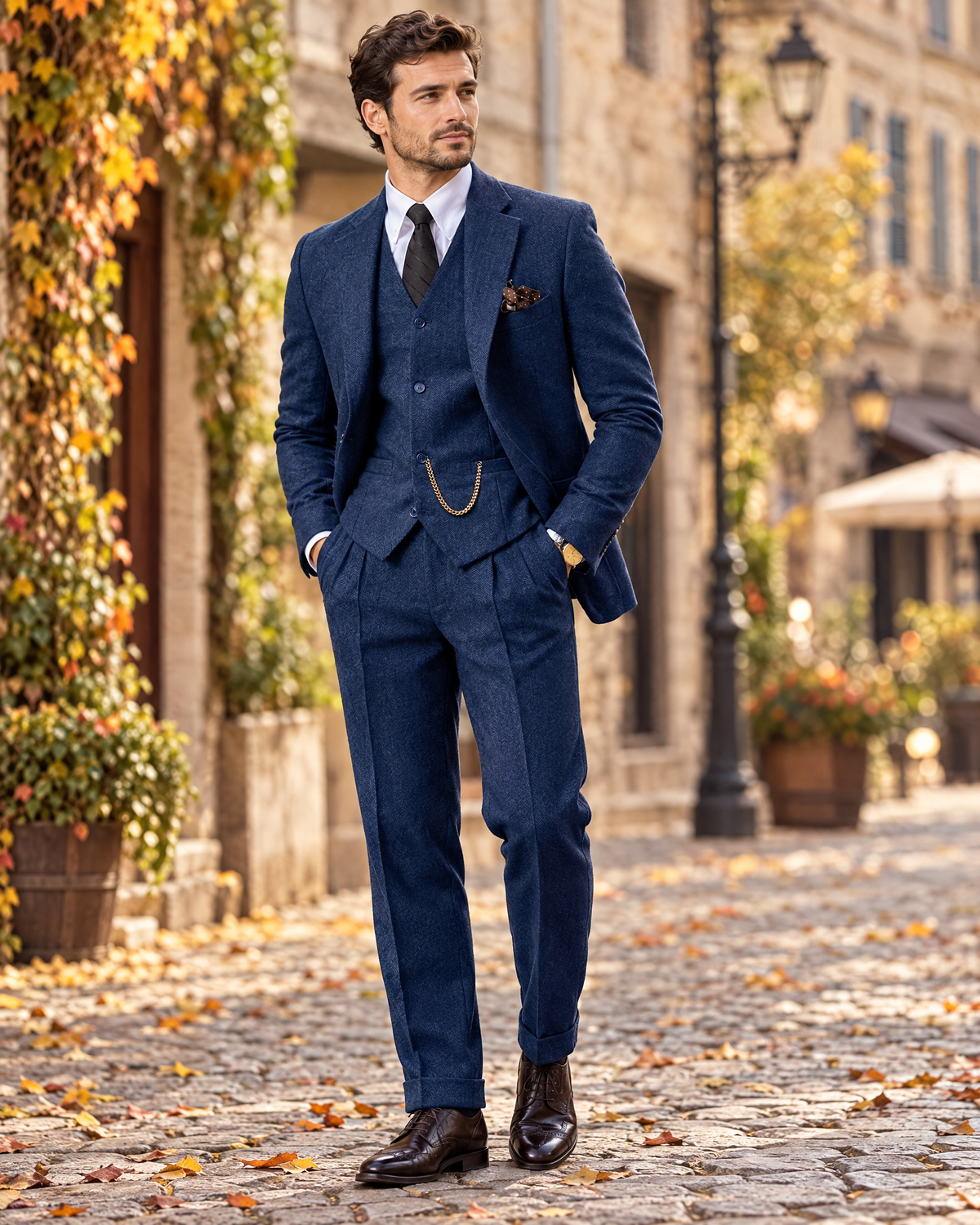 Herringbone three-piece suit Navy Blue